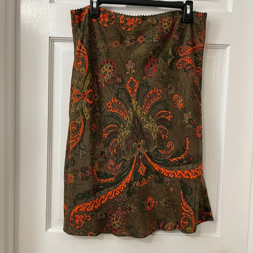 VTG NY&CO Silk Earth Tone Midi Skirt L Paisley Boho Y2K Low Rise Fairy Career